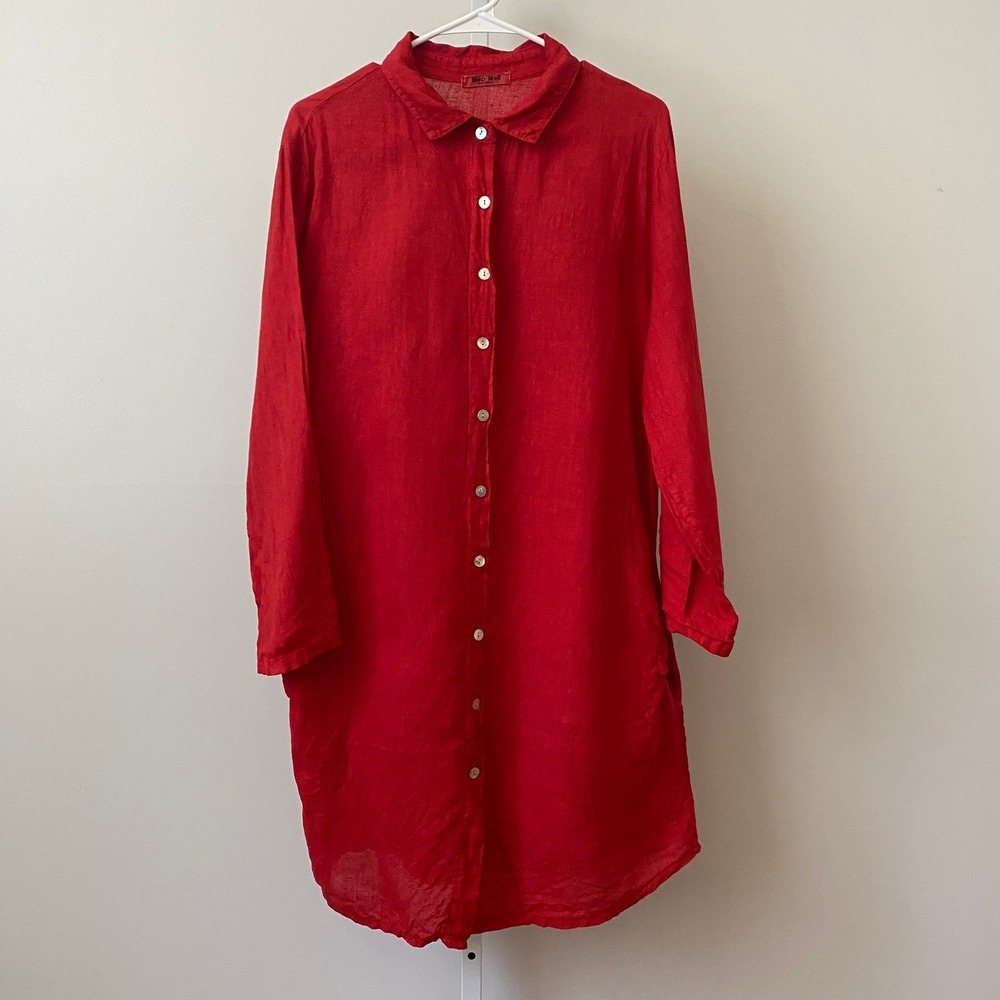 Meo Meli Linen Lagenlook Boho Red Button Down Shirt Dress One Size Red